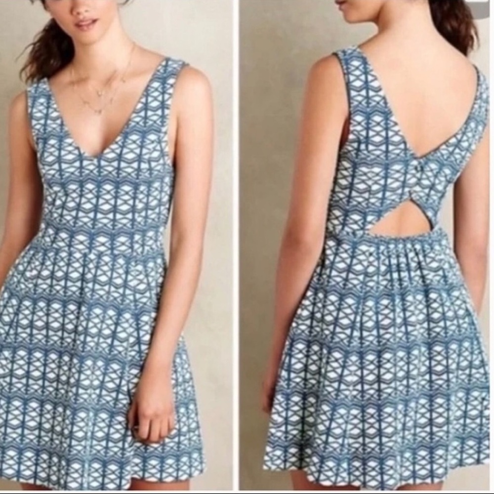 Maeve blue geometric print dress open back size 4
